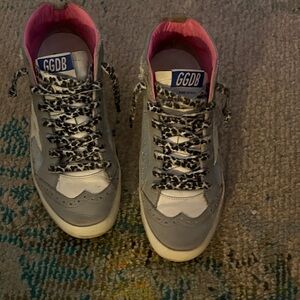 Golden Goose Gray White Pink Leopard-Print High-Top Sneakers